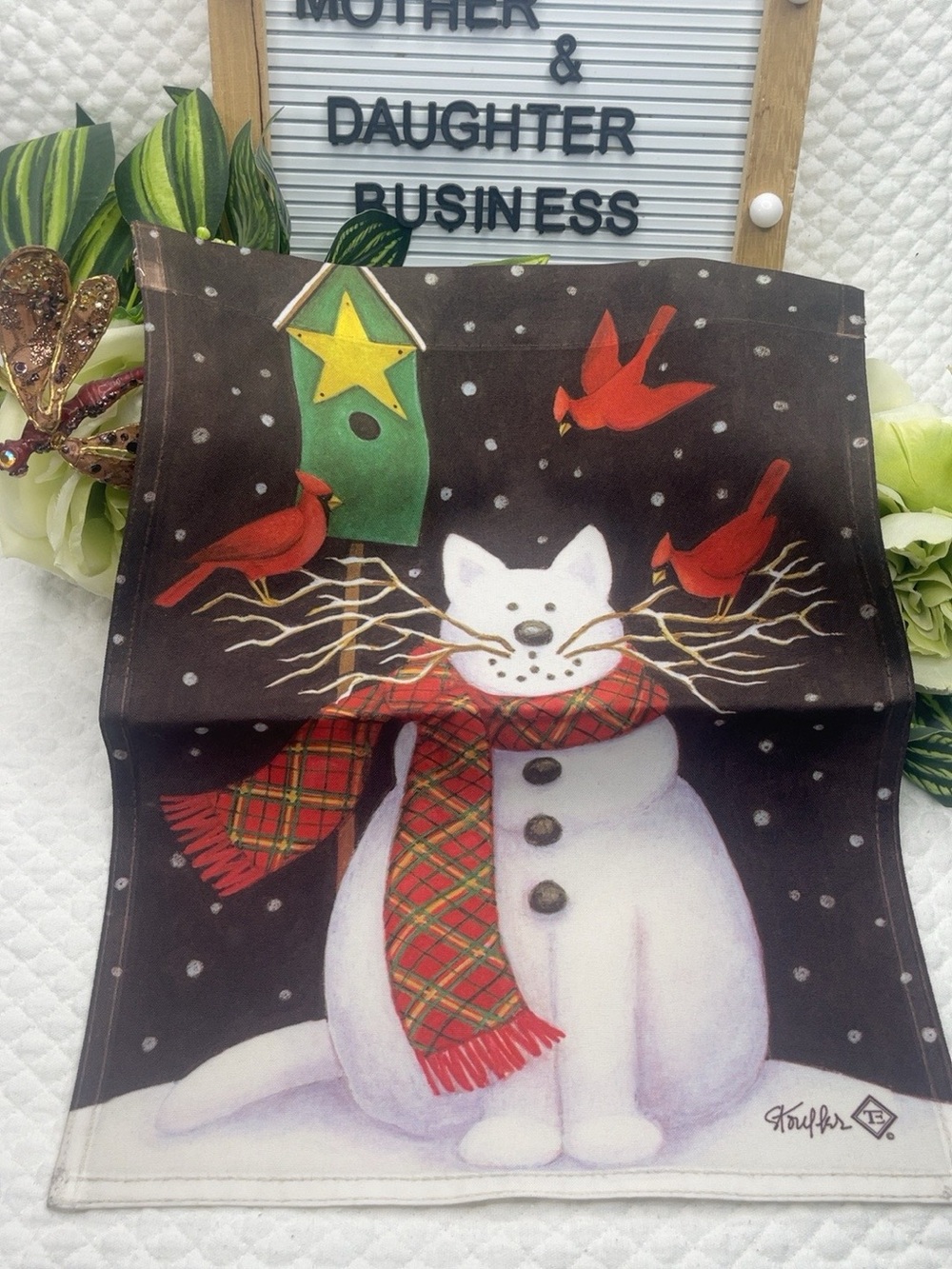 Vintage Toland Christmas Snowman Cat Cardinals House Flag 24x36 USA Holiday